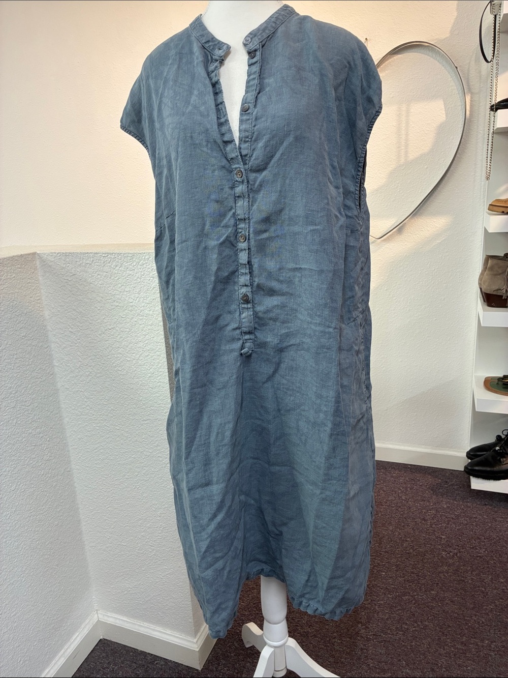 OSKA Blue Linen Midi Dress Button Front Short Sleeve Size Large
